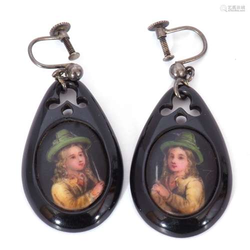 Pair of vintage jet portrait earrings, the porcelain panels ...