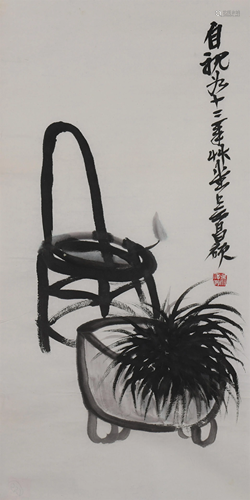 A CHINESE PAINTING OF OIL LAMP AND BONSAI