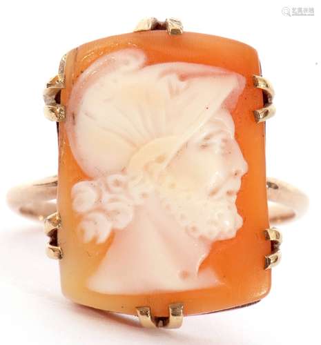 9ct stamped cameo ring, the carved shell cameo depicting a p...