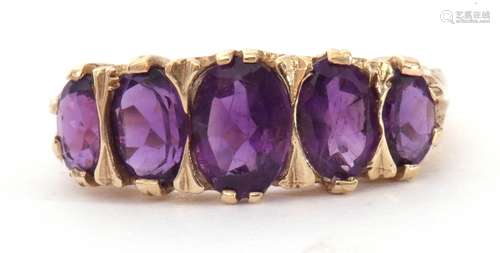 9ct gold amethyst five stone ring, featuring five graduated ...