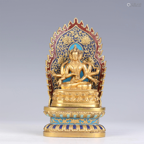 A CHINESE GILT BRONZE STATUETTE OF THREE-FACED BUDDHA