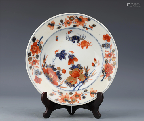 A CHINESE BLUE AND IRON-RED FLOWERS-AND-CRABS PLATE