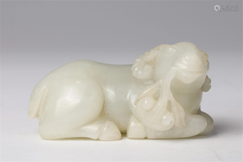 A CHINESE JADE CARVED DECORATION OF RAM AND LINGZHI