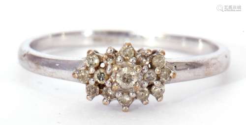 Modern 9ct white gold and diamond cluster ring, the diamond ...