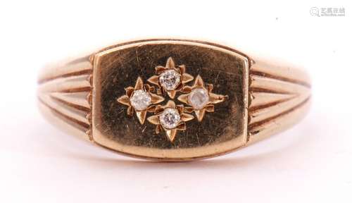 9ct gold signet ring, the barrel shaped panel highlighted wi...