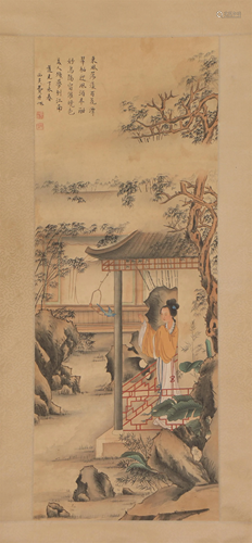 A CHINESE PAINTING OF LADY AND BLUE BIRD