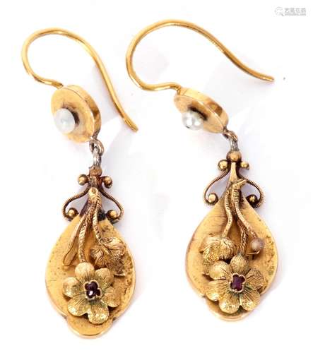 Pair of Victorian high carat gold drop earrings, the oval sh...