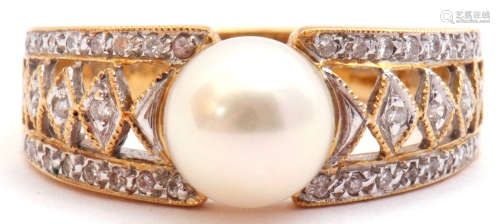 Pearl and diamond dress ring, the central collar set culture...
