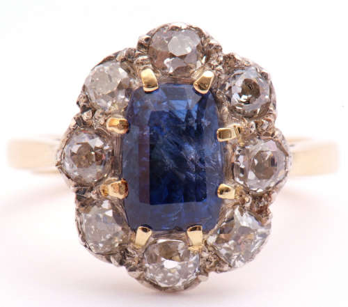Sapphire and diamond cluster ring, the centre rectangular st...