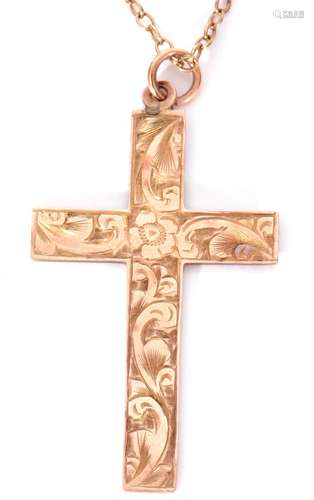 9ct stamped cross pendant, chased and engraved scroll decora...