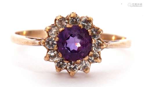 Modern 9ct gold amethyst and paste set cluster ring, size S