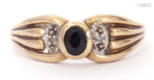 Modern 9ct gold sapphire and diamond ring, centring a bezel ...