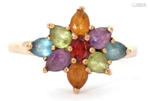 9ct gold multi-gem cluster ring, designed with various shape...