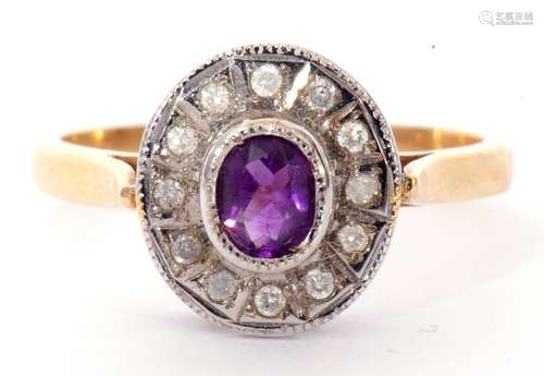 18ct gold amethyst and diamond ring, centring a bezel set ov...