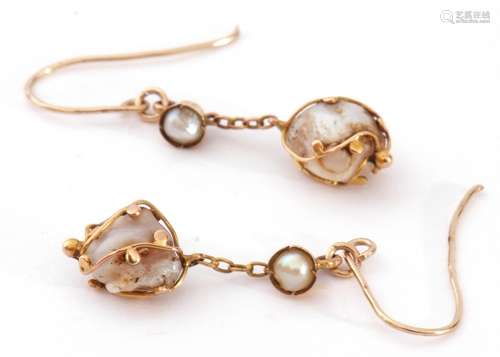 Pair of antique baroque pearl drop earrings, each with a bou...