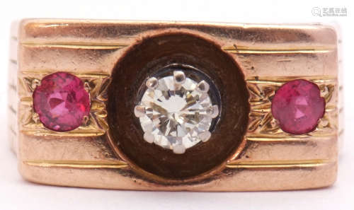 Diamond and ruby ring featuring a round brilliant cut diamon...