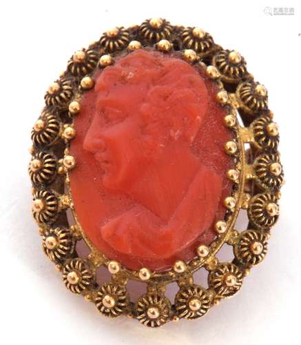 Antique carved coral oval cameo brooch depicting a profile o...