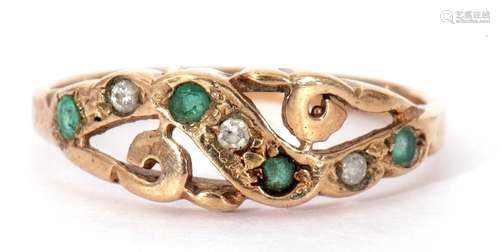 9ct gold emerald and diamond ring, the pierced carved mount ...