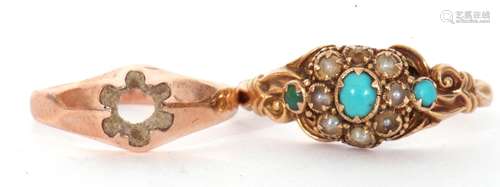 Mixed Lot: antique 15ct gold turquoise and seed pearl cluste...