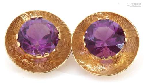 Pair of 585 stamped amethyst earrings, the burnished disc sh...