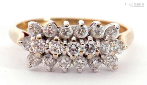 9ct gold cubic zirconia cluster ring, featuring three rows o...