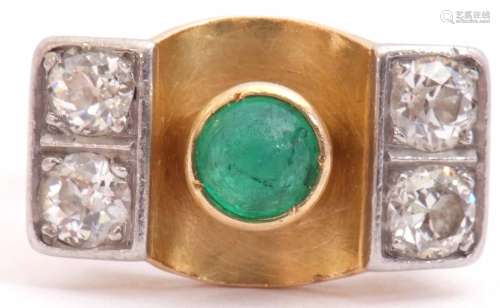 Emerald and diamond stylised ring, the cabochon round cut em...