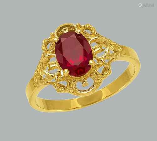 NEW 14K YELLOW GOLD LADIES FANCY CZ RING RED OVAL