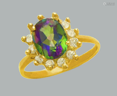 14K YELLOW GOLD CZ COCKTAIL RING MYSTIC COLOR HALO