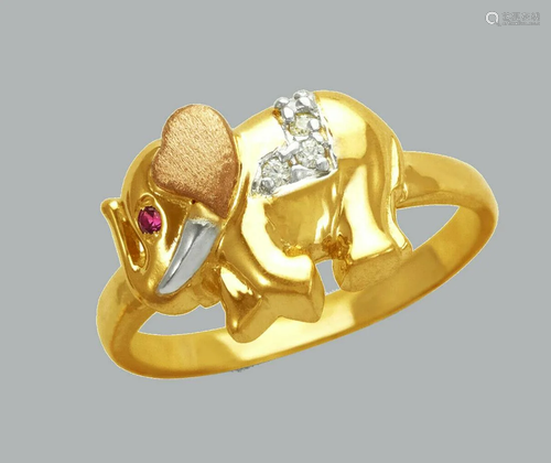 NEW 14K TRI COLOR GOLD LADIES FANCY CZ RING ELEPHANT