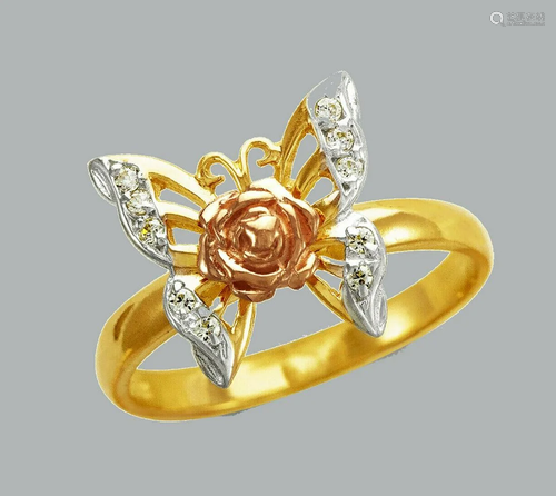 NEW 14K TRI COLOR GOLD LADIES FANCY CZ RING BUTTERFLY