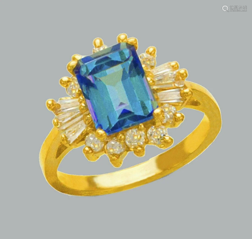 NEW 14K YELLOW GOLD LADIES CZ COCKTAIL RING BLUE