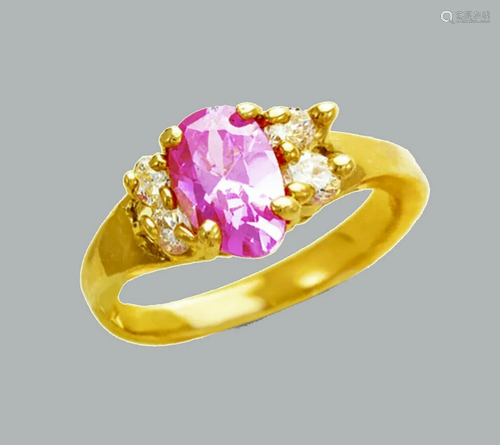 NEW 14K YELLOW GOLD LADIES FANCY CZ RING PINK OVAL