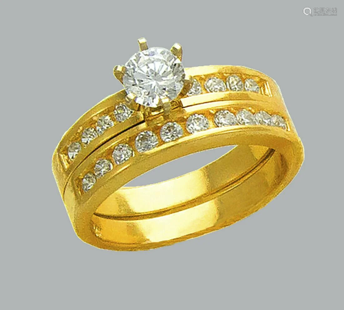 14K YELLOW GOLD LADIES CZ ENGAGEMENT RING MATCHING BA…