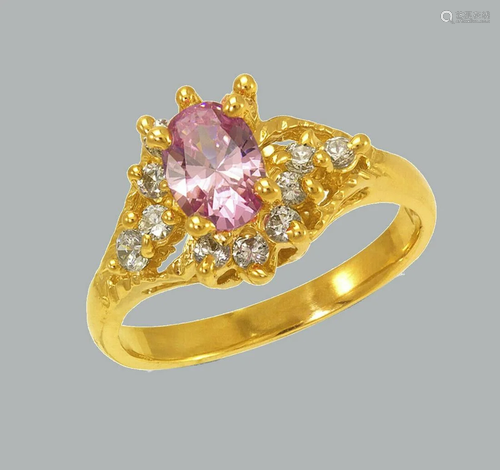 NEW 14K YELLOW GOLD LADIES FANCY CZ RING PINK OVAL