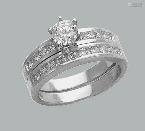 14K WHITE GOLD LADIES CZ ENGAGEMENT RING MATCHING BA…