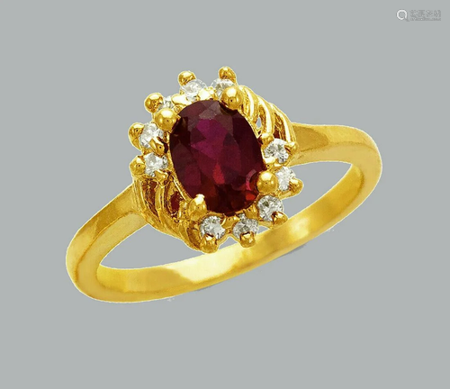 NEW 14K YELLOW GOLD LADIES FANCY CZ RING RED OVAL