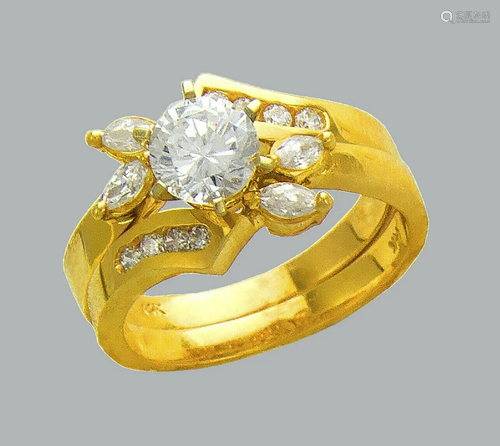 14K YELLOW GOLD LADIES CZ ENGAGEMENT RING MATCHING BA…