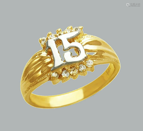 NEW 14K TWO TONE GOLD LADIES FANCY CZ RING 15 ANOS