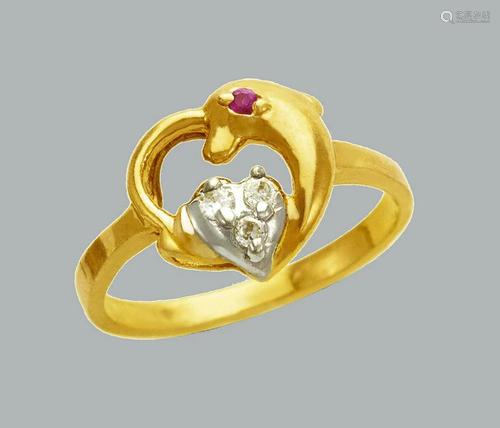 14K TWO TONE GOLD LADIES FANCY CZ RING DOLPHIN HEART