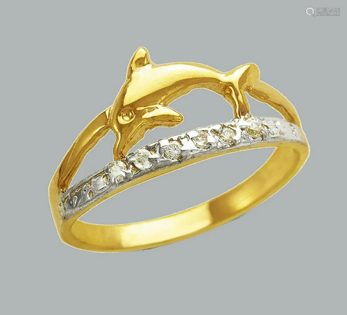 NEW 14K TWO TONE GOLD LADIES FANCY CZ RING DOLPHIN