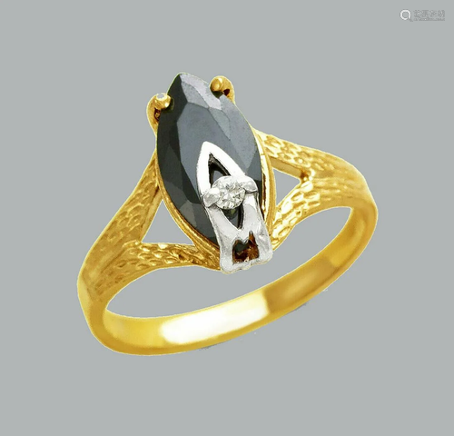 14K TWO TONE GOLD LADIES FANCY CZ RING BLACK MARQUISE