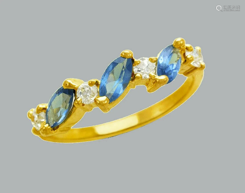 14K YELLOW GOLD LADIES FANCY CZ RING BLUE MARQUISE