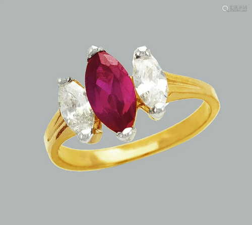 NEW 14K TWO TONE GOLD LADIES FANCY CZ RING RED MARQ…