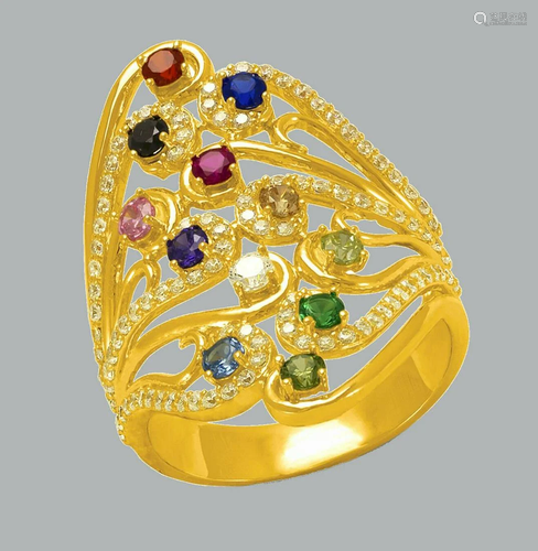 14K YELLOW GOLD LADIES FANCY COLORED CZ COCKTAIL RING