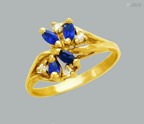 14K YELLOW GOLD LADIES FANCY CZ RING BLUE MARQUISE