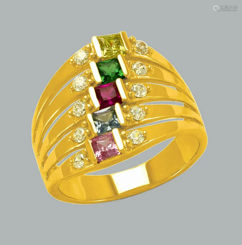 14K YELLOW GOLD LADIES FANCY COLORED CZ COCKTAIL RING