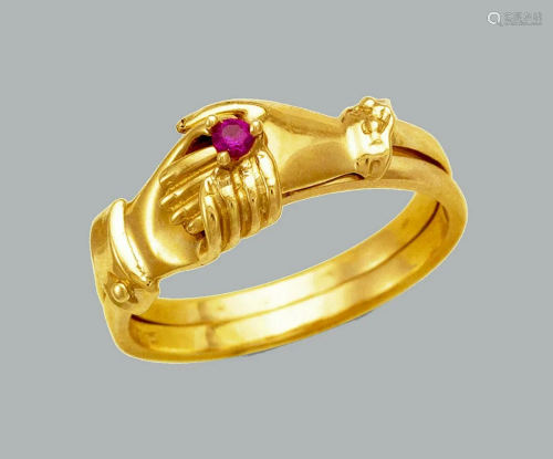 14K YELLOW GOLD LADIES RED CZ HOLDING HANDS RING