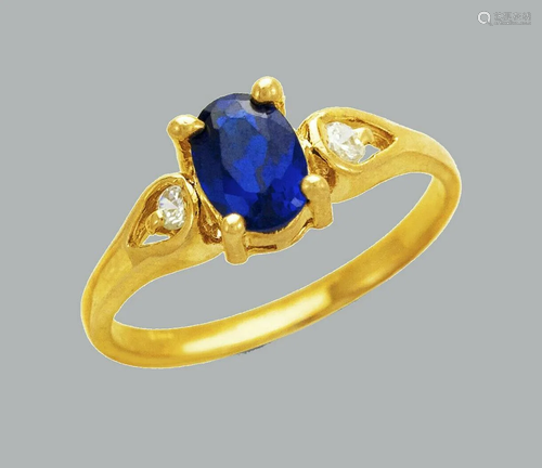 NEW 14K YELLOW GOLD LADIES FANCY CZ RING BLUE OVAL