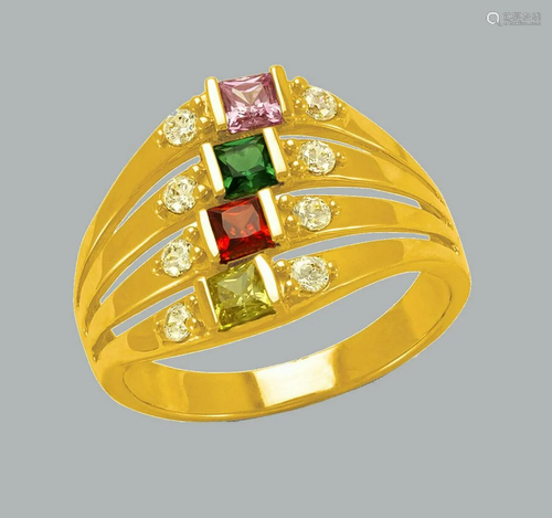 14K YELLOW GOLD LADIES FANCY COLORED CZ COCKTAIL RING