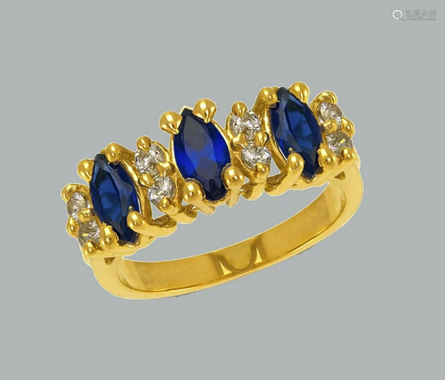 14K YELLOW GOLD LADIES FANCY CZ RING BLUE MARQUISE